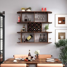 Large Wall Mounted 3 Tier Rustic Bottle Wine Rack,Multifunctional Wooden Wall Mounted Wine Rack,Storage Rack with Wine Glass Holder